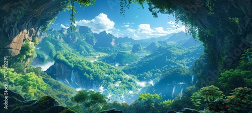 Cave  mountain  valley and green forest. Generative AI technology.