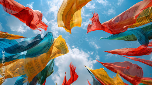 The fluttering Tibetan prayer flags against a beautiful blue sky, emblems of peace and compassion