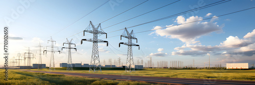 View of a High Voltage Electrical Substation Showing Complex Network of Transformers and Power Lines photo