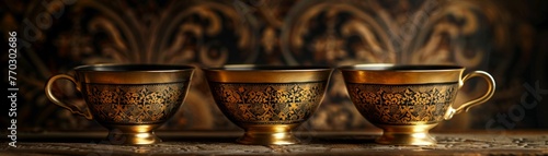 Cups, Renaissance Italy, Delicate cups echoing Renaissance Italys artistry with intricate patterns, golden accents, and a touch of elegance Photography, Rembrandt lighting, Vignette effect photo