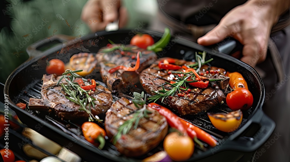A close-up shot capturing a chef's hand holding a grill pan filled with sizzling steaks and assorted vegetables 