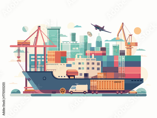 Delivery of goods by cargo seagoing vessels, rail, road, air way. Worldwide shipping. Freight commerce distribution. Cartoon flat isolated illustration. Vector export concept