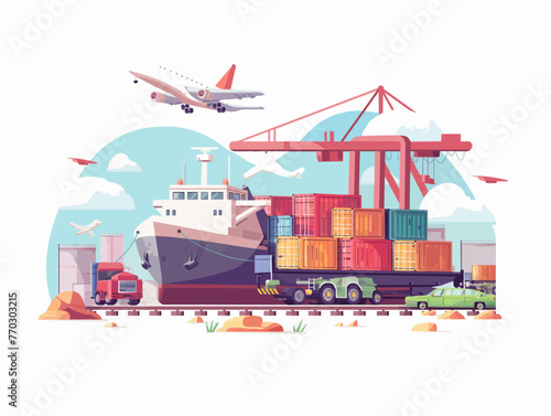 Delivery of goods by cargo seagoing vessels, rail, road, air way. Worldwide shipping. Freight commerce distribution. Cartoon flat isolated illustration. Vector export concept