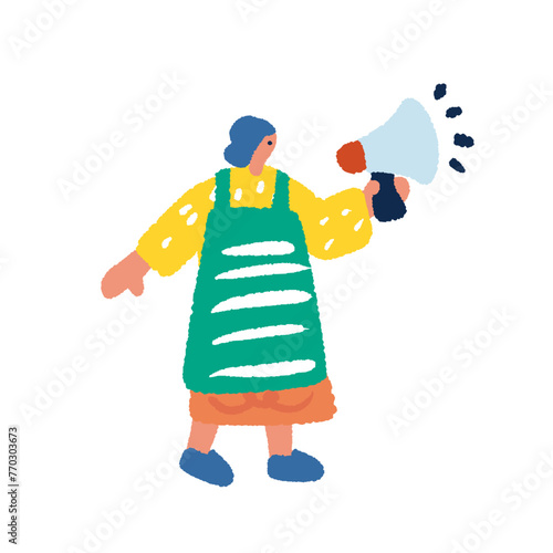 スピーカーでアナウンスをする女性の手描きイラスト
 