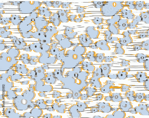 Seamless ikat pattern with orange and green brush background elements. Grunge textured textile print and wallpaper, ethnic design for cards