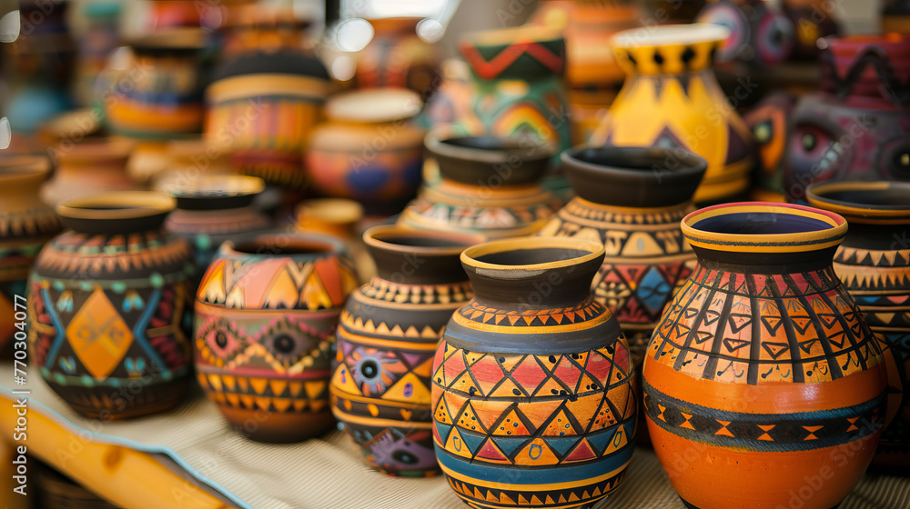 An array of colorful handmade pottery with vibrant tribal patterns and designs