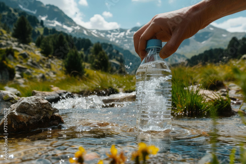 Filling a bottle with spring water, hand-held, in the Pyrenees mountains