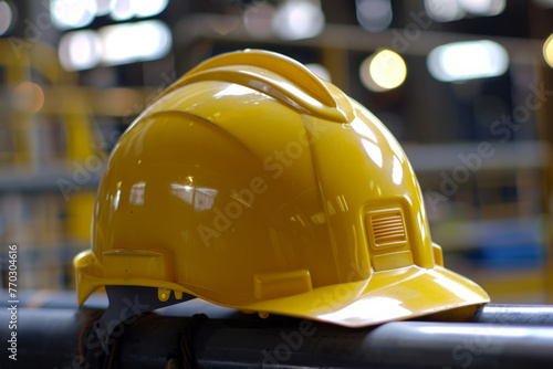A yellow hardhat for safety, intended for a factory worker operating in a hazardous workplace