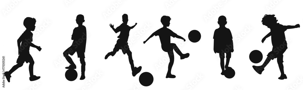 Silhouette of boy playing football, Dynamic isolated Silhouette Against White Background
