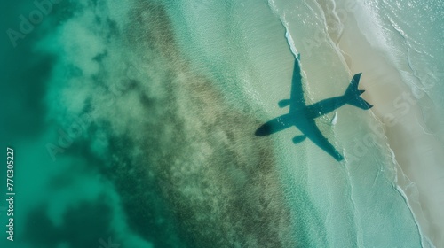 Aerial view of a plane's shadow cast on the clear turquoise waters of a tropical beach.
