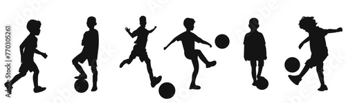 Silhouette of boy playing football, Dynamic isolated Silhouette Against White Background