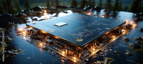 A futuristic, high resolution visualization of earth seamlessly integrated into a computer circuit board, symbolizing innovation and sustainable living.