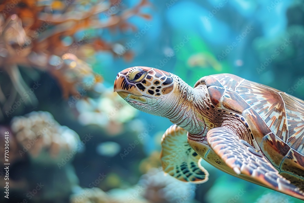 Fototapeta premium A sea turtle glides through water with a vibrant coral backdrop.