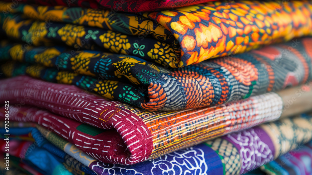 A vibrant display of stacked African fabric rolls highlighting the diversity of patterns