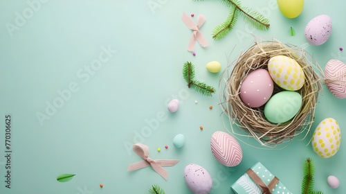 Easter poster and banner template with Easter eggs in the nest on light green background. Greetings and presents for Easter Day in flat lay styling 