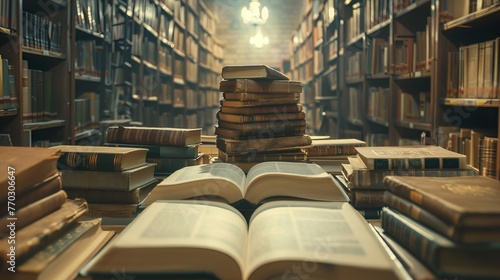 Background image with a book left open on a library table photo