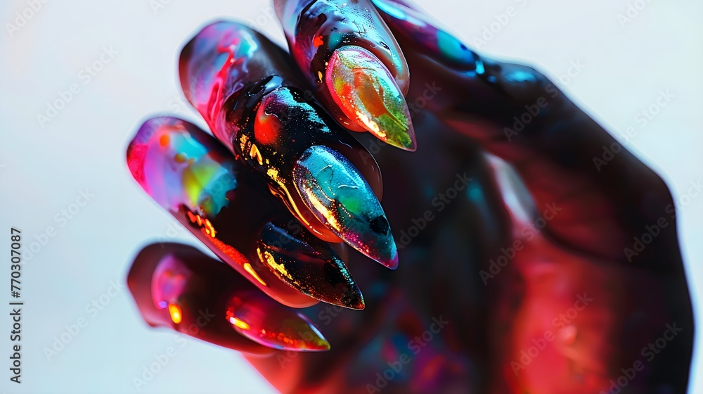 nightmare glamour: creepy hand makeup with long nails in neon oil paint