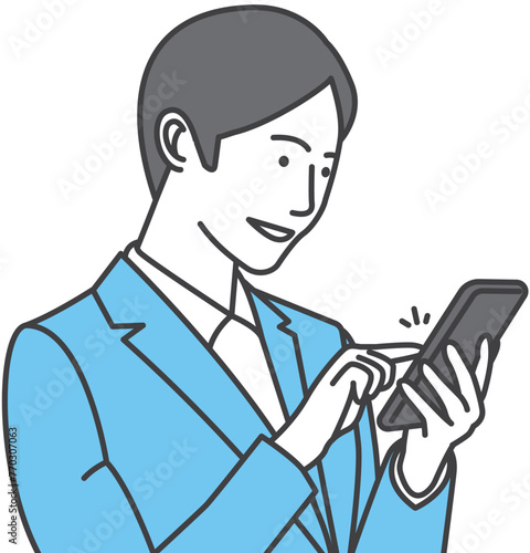 A man in a business suit tapping his phone