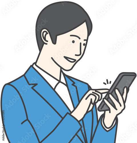 A man in a business suit tapping his phone