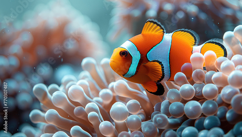 A clown fish swimming in the ocean surrounded by colorful anemones, creating a beautiful underwater scene in the style of nature. Created with Ai
