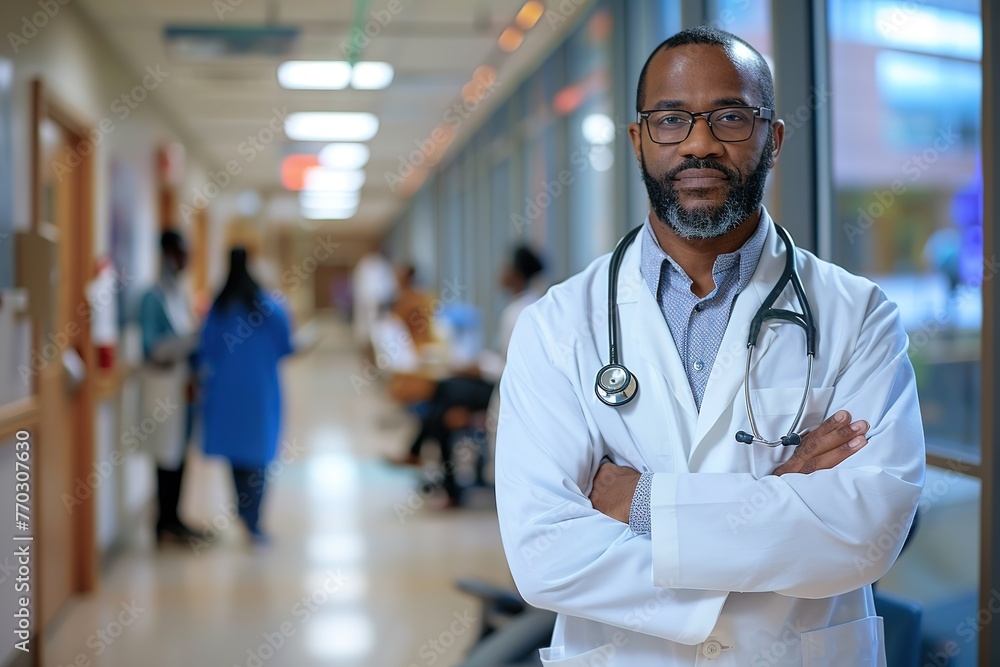 Confident doctor standing with arms crossed in a hospital corridor. Confident doctor standing with arms crossed in a hospital corridor.