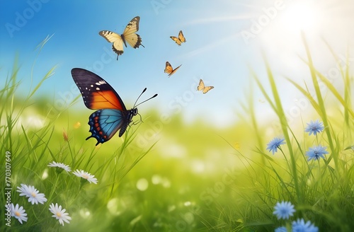 Summer background in light green grass with wild flowers and colorful butterflies in minimal rays of the sun