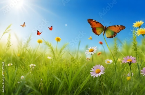Summer background in light green grass with wild flowers and colorful butterflies in minimal rays of the sun