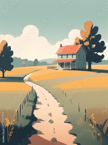 country field and farm vintage colorful flat illustration