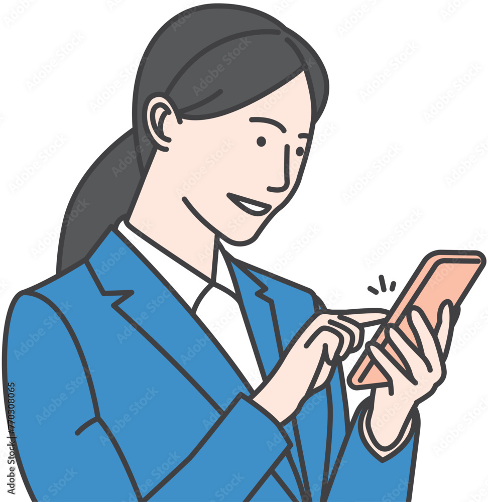 Woman in business suit tapping her phone