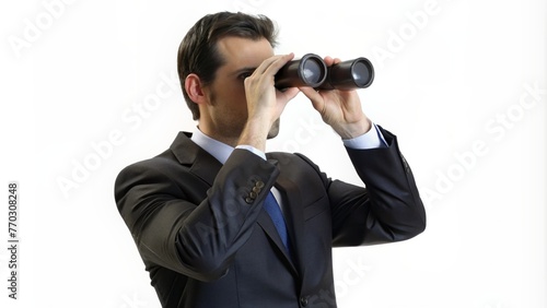 The businessman is looking for new opportunities.A look into the future: a businessman with binoculars.Bright prospects: business in search of new horizons.The businessman looks through binoculars, lo