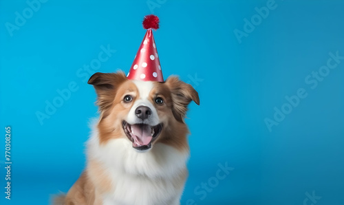 Cute dog celebrating with red pary hat and blow-out against a blue background and copy space to side photo