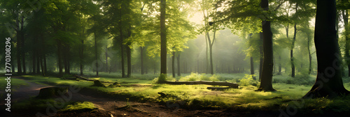 Sun-kissed Forest Path: A Lyrical Portrayal of Nature's Tranquility and Timelessness photo