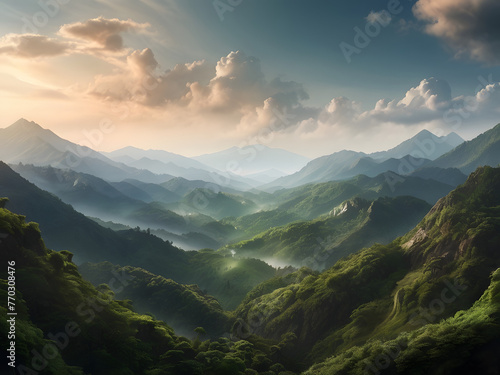 amazing wild nature view of layer of mountain forest landscape with cloudy sky natural green scenery of cloud and mountain slopes backgrounAmazing Fantasy Landscape Game Art park in the park in summer