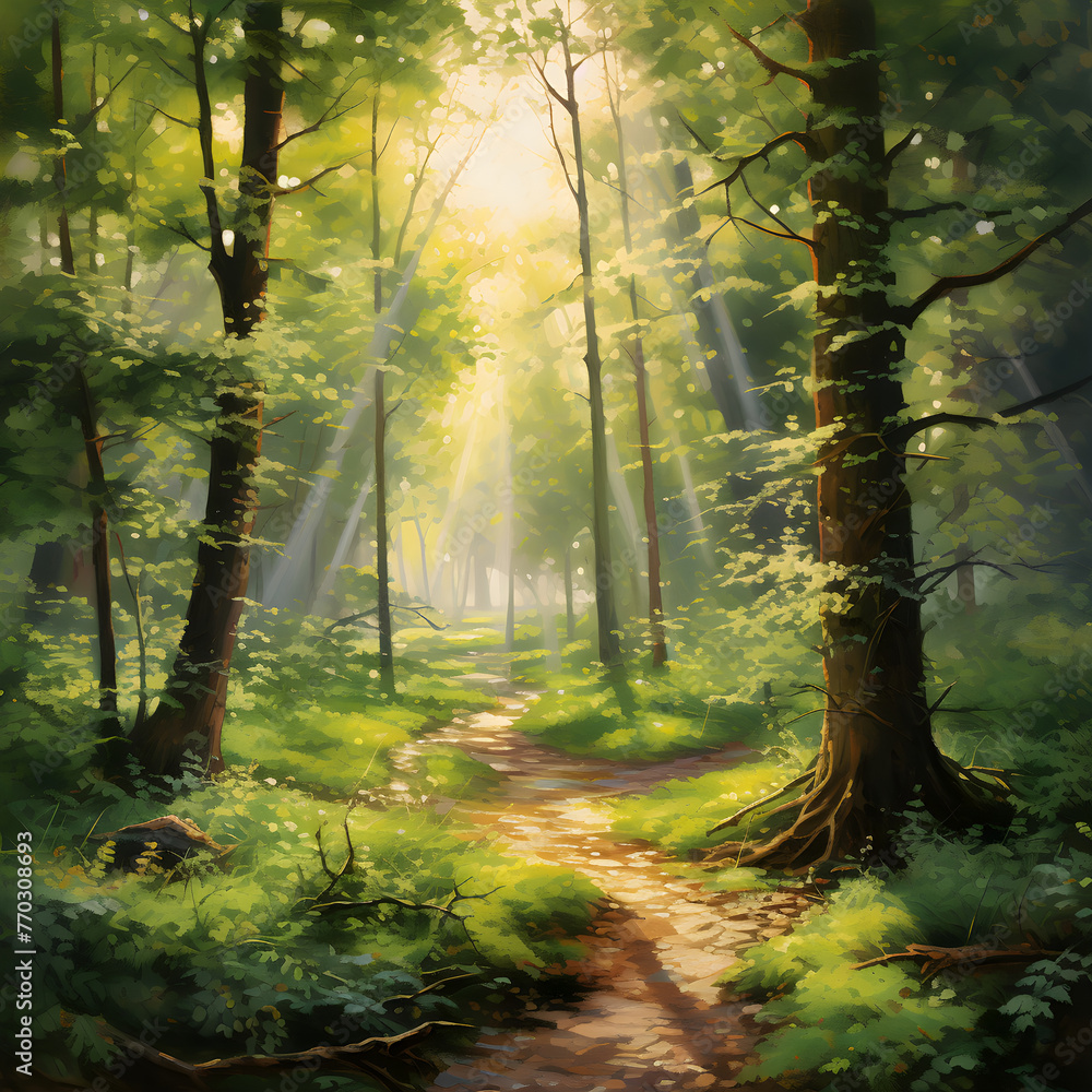Sun-kissed Forest Path: A Lyrical Portrayal of Nature's Tranquility and Timelessness
