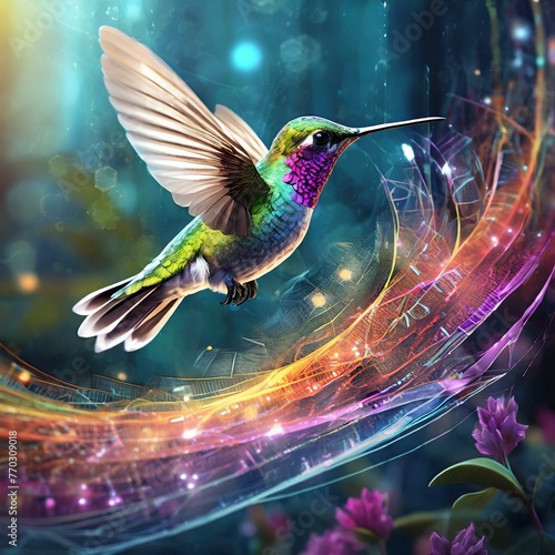 Flowing Harmony: Digital Hummingbird Soaring Through Data Streams" Generative AI © Albaloshi