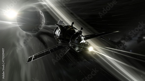 A monochrome image depicts a deep space probe propelled by an ion drive as it journeys through the stars.
