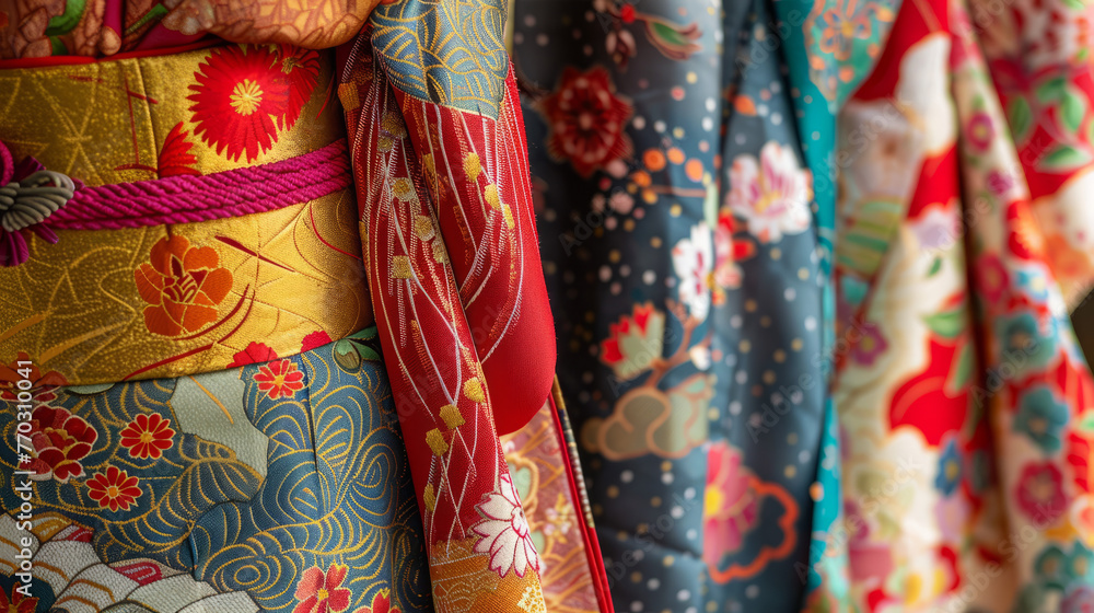 A variety of traditional Japanese kimonos in bold colors and patterns, intricately designed and hanging for showcase