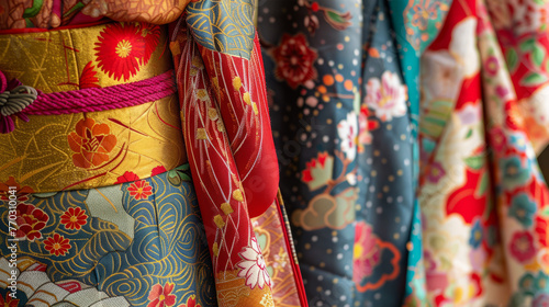 A variety of traditional Japanese kimonos in bold colors and patterns, intricately designed and hanging for showcase