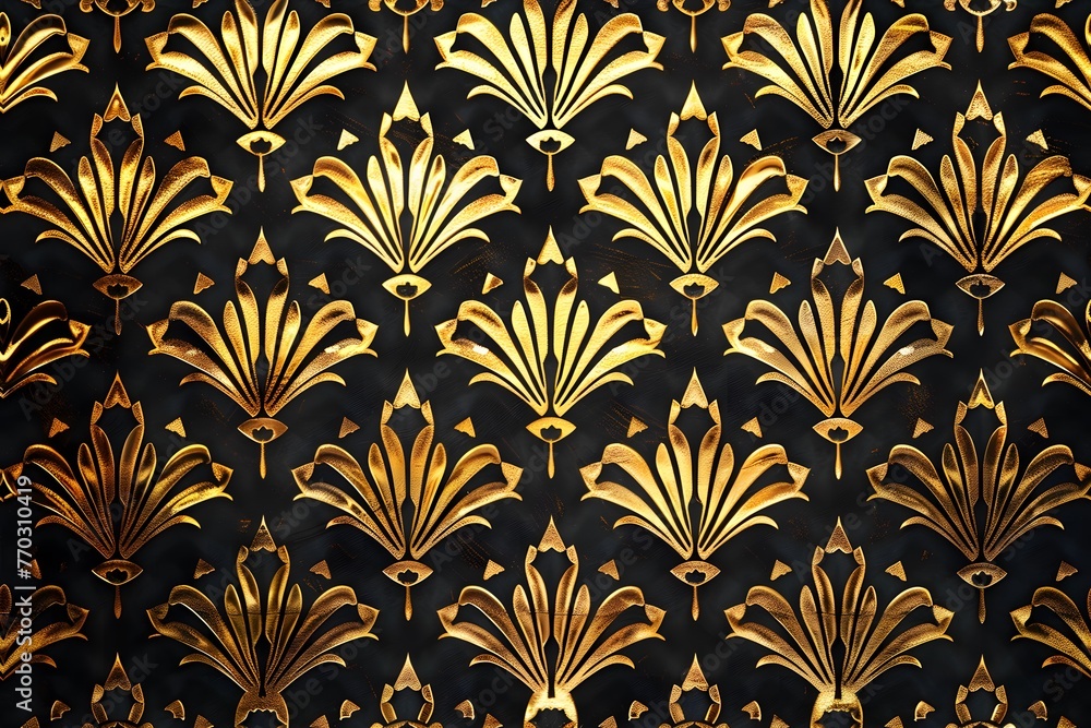 Art Deco pattern with golden gilded fan shapes on a black background seamless Art Deco pattern with golden gilded fan shapes on a black background seamless