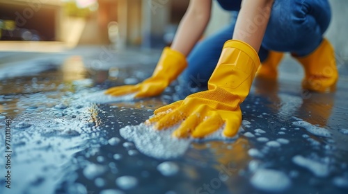 Hygienic Maintenance: Woman Engaged in Floor Cleaning generative ai