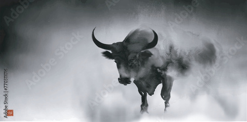 Ink wash painting of black bull in mist. Traditional oriental ink painting sumi-e, u-sin, go-hua. Translation of hieroglyph - zen