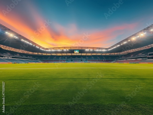 An empty soccer stadium with green grass under a vibrant sunset sky  illustrating a calm before the competitive storm.