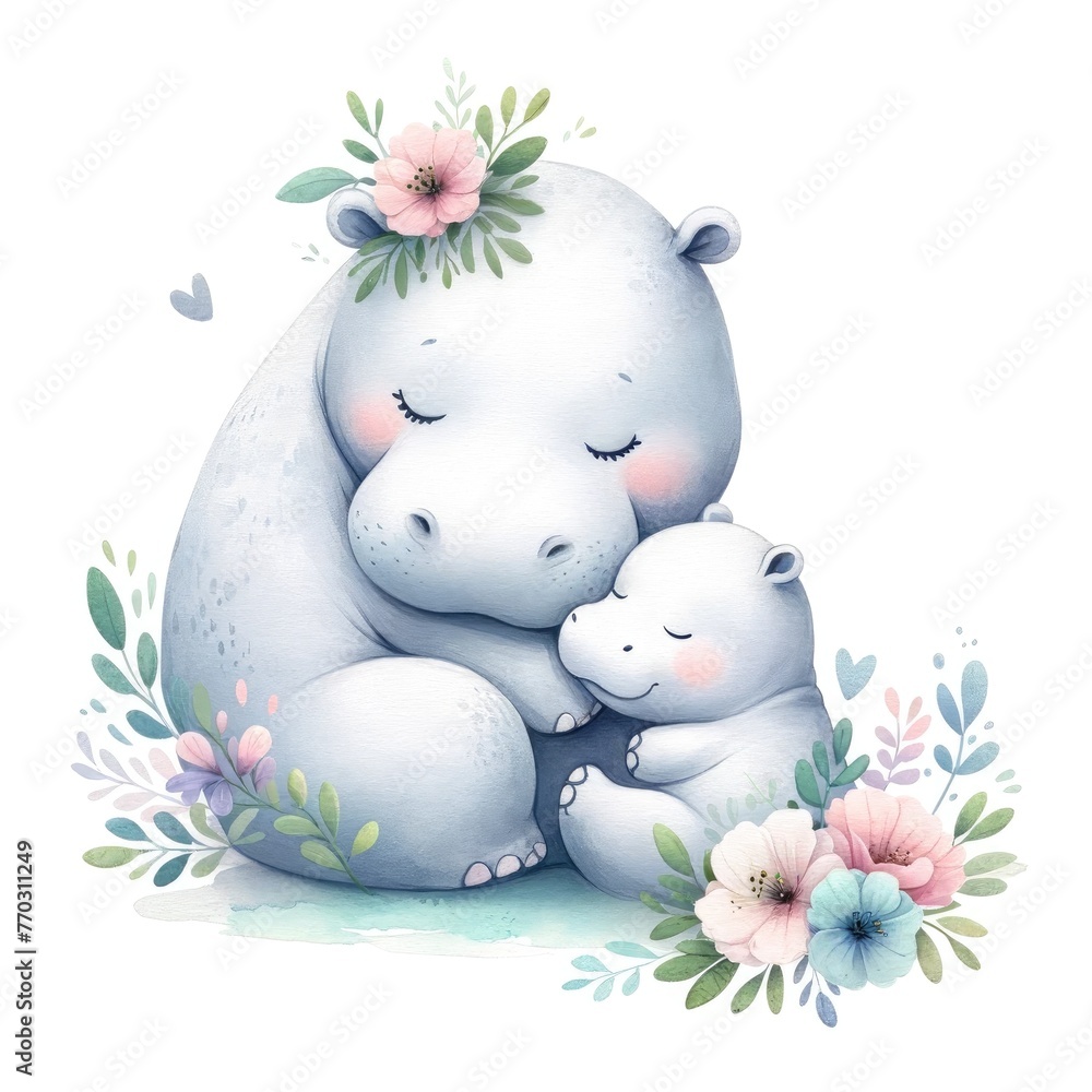 Maternal Bliss: A Hippopotamus Mother and Her Little One Share a Serene Moment Amidst Delicate Flowers