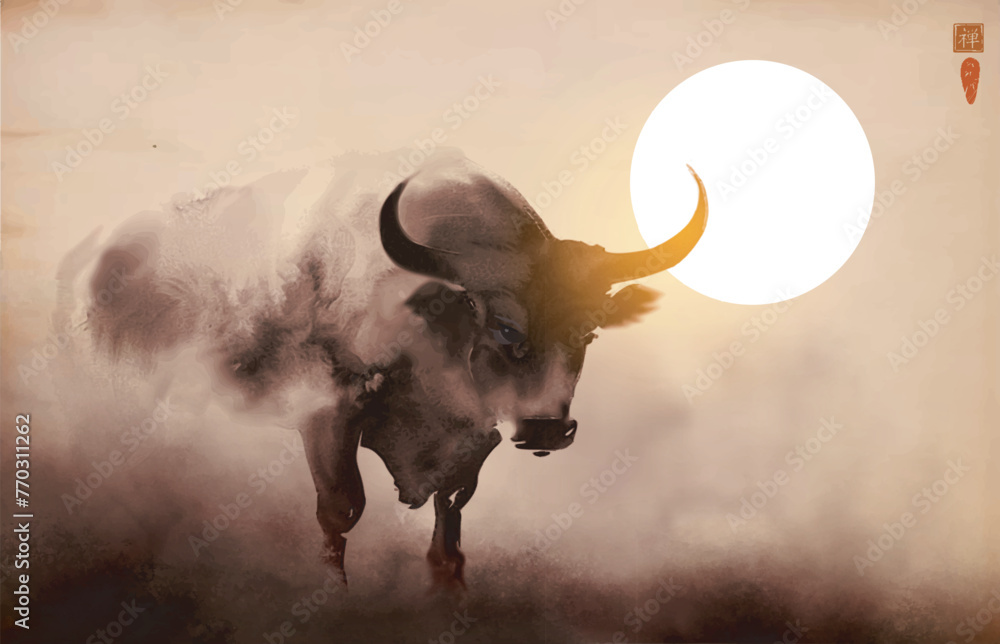 Naklejka premium Ink painting of a bull silhouetted against a hazy sun, shrouded in soft mist. Traditional oriental ink painting sumi-e, u-sin, go-hua. Translation of hieroglyph - zen