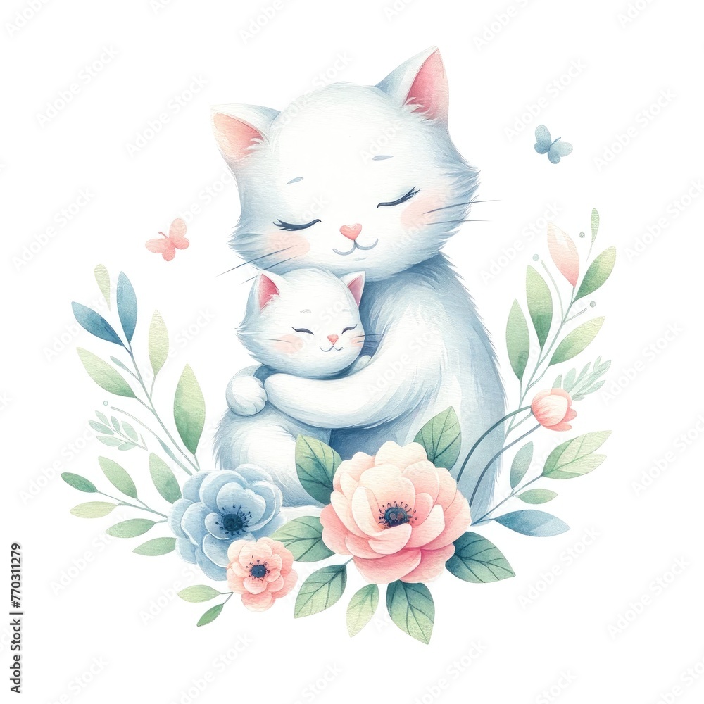 Whiskered Love: Mother Cat and Kitten Embracing Amidst a Bed of Blossoms, Illustrating the Tender Bond of Maternal Affection and Family Harmony. - obrazy, fototapety, plakaty 