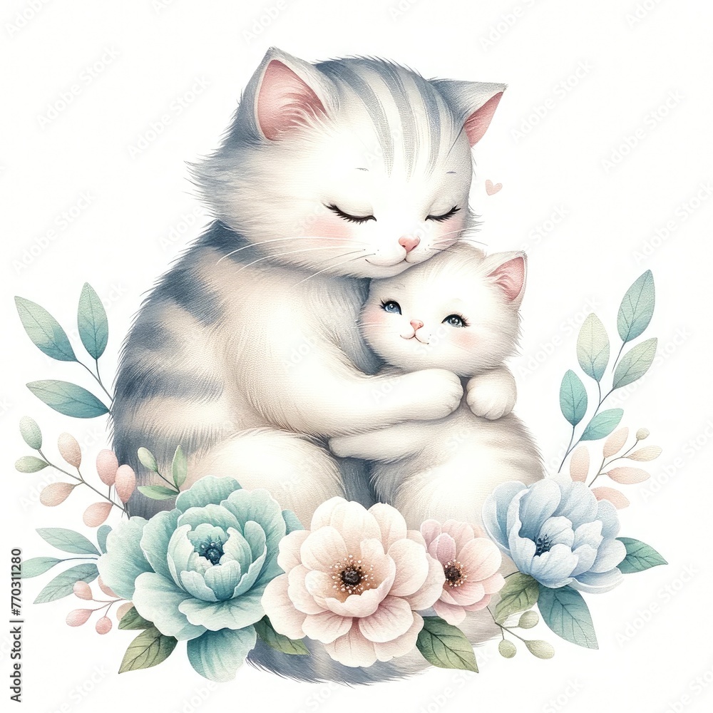 Whiskered Love: Mother Cat and Kitten Embracing Amidst a Bed of Blossoms, Illustrating the Tender Bond of Maternal Affection and Family Harmony.