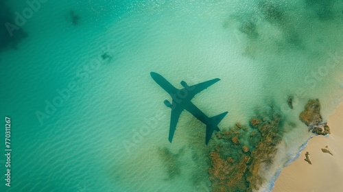 An airplane cast a shadow on the crystal clear waters near a tropical shoreline, conceptually portraying travel and holiday destinations.