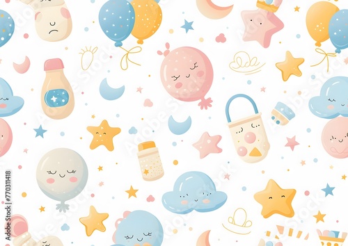Baby themed pattern with clouds, balloons and baby toys on a white background