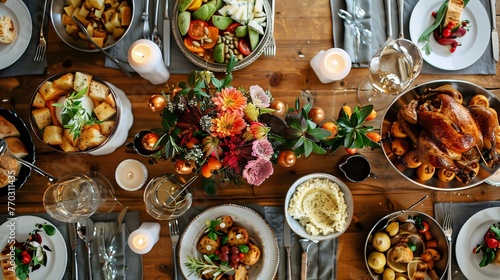 Dinner table full of delicious food on wooden table