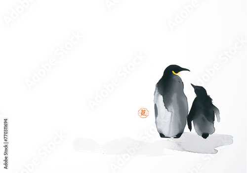 Minimalist ink painting of adult penguine with its chick. Traditional Japanese ink wash painting sumi-e. Hieroglyph - life energy. © elinacious